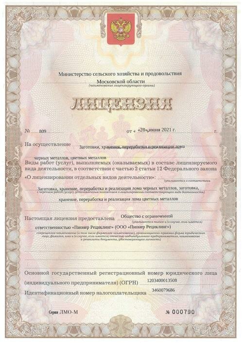 Лицензия на заготовку, хранение и переработку металлов - стр. 1
